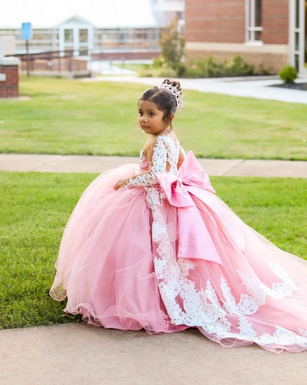 

Pink Gala Dress for Specail Occasion Long Sleeves Girls Pageant Dress Lace Applique Flower Girl Dress for Wedding Party