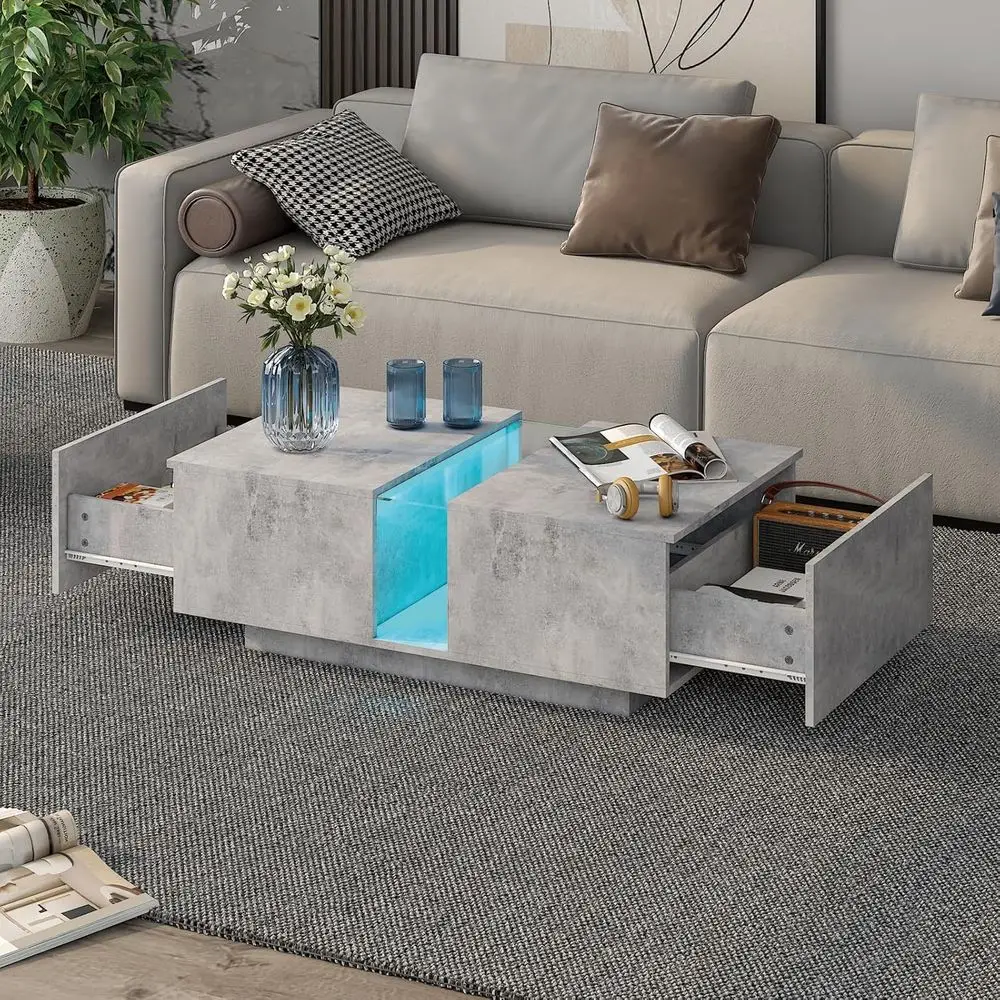 Rectangular Grey Storage Coffee Table with Acrylic Drawers for Living & Dining Rooms