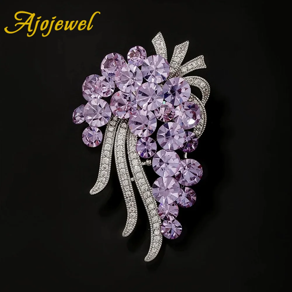 Ajojewel Silver-color Grape Brooch With Purple Stone Bouquet Corsage Pin Costume Jewelry Elegant Gifts