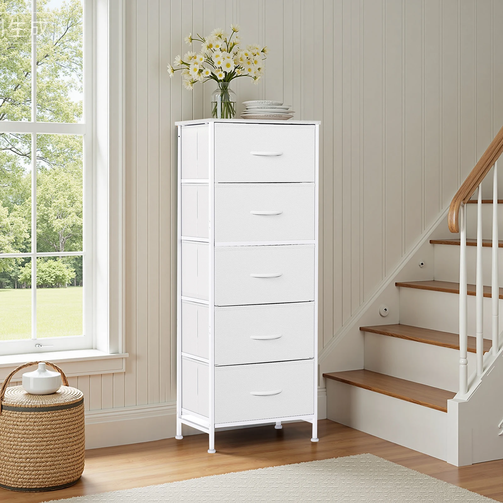JHK 48IN Dresser For Bedroom With 5 Fabric Drawers Nightstand Wardrobe Steel Frame Closet For Clothes Storage Cabinet Furniture 9