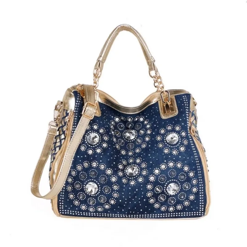 Fashion Denim Shoulder Bag Woven With Rhinestones, Personalized Chain Crossbody Women\'s Bag