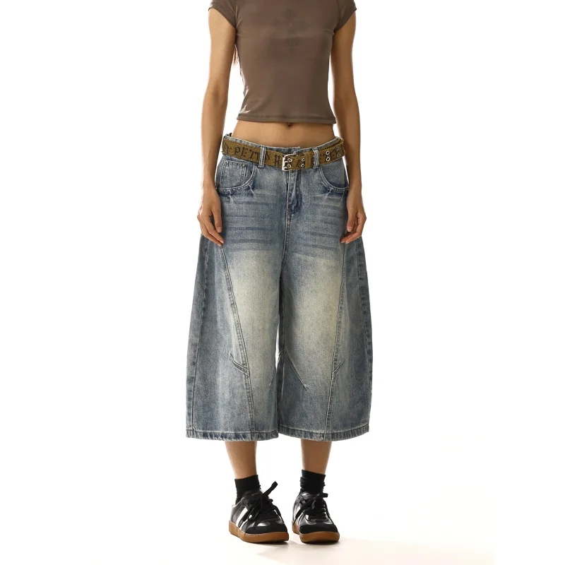 Damskie, luźne, szerokie jeansy unisex z podwiniętymi nogawkami, krótkie spodnie w stylu cool girl, damskie spodnie do łydki, proste spodnie, szorty jeansowe.