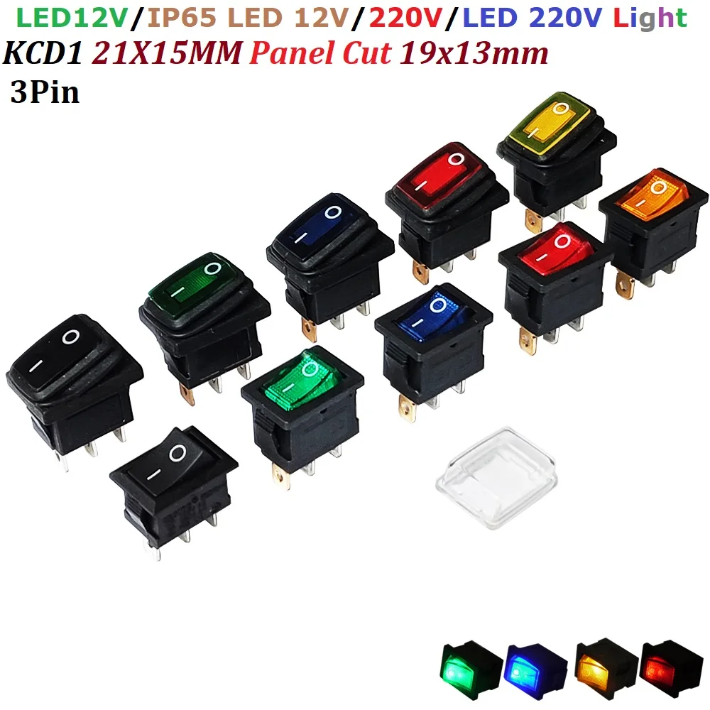 4Pcs 21x15mm 3Pin Mini Rocker Switch Panel Hole 19x13mm With Led 12V 220V illuminated IP65 Toggle switch O - Power Seesaw Switch