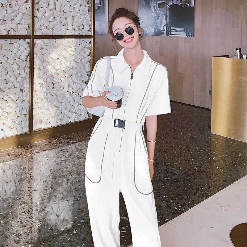 Summer Jumpsuit Women Streetwear Hip Hop Reflective Stripe Short Sleeve Lapel Zipper Harem Overalls One Piece Pants Sets Romper