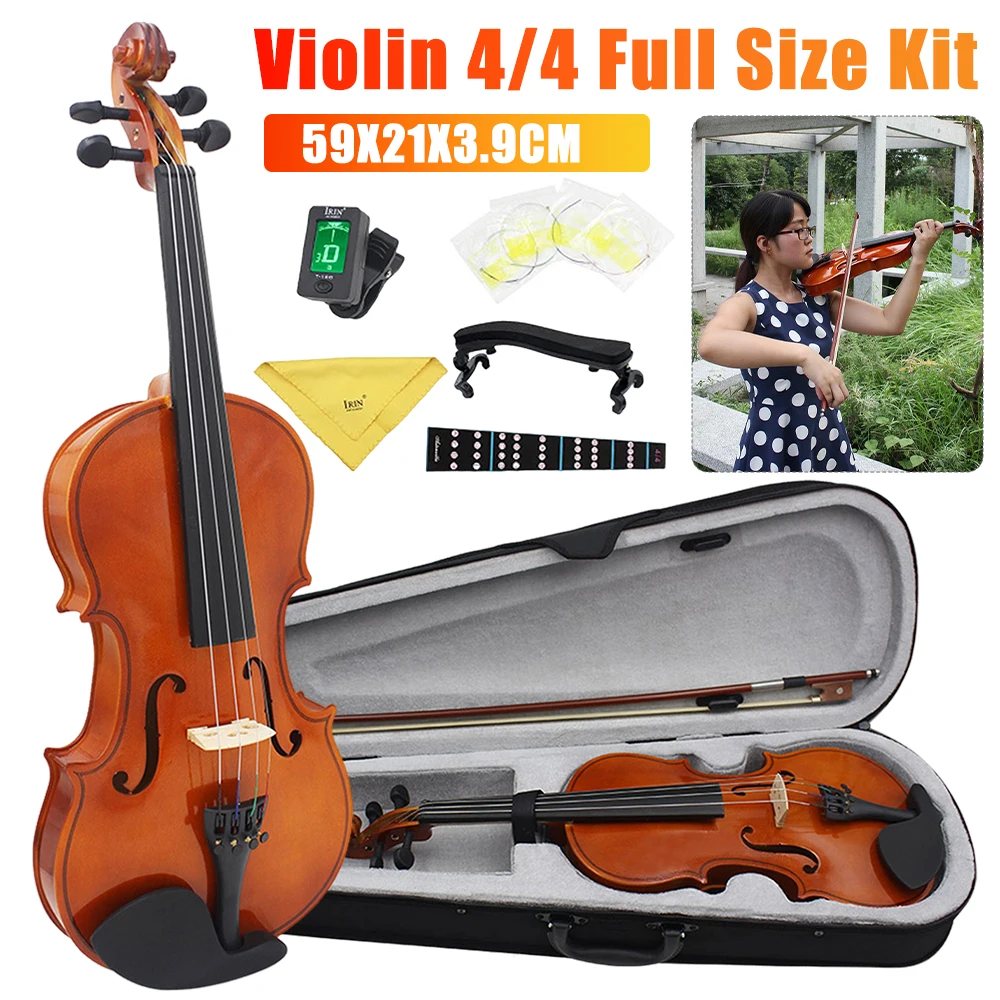 Violin 4/4 Full Set With Case Full Size Solid Wood Violin Set Extra String Rosin Tuner For Kid Adult Student Stringed Instrument