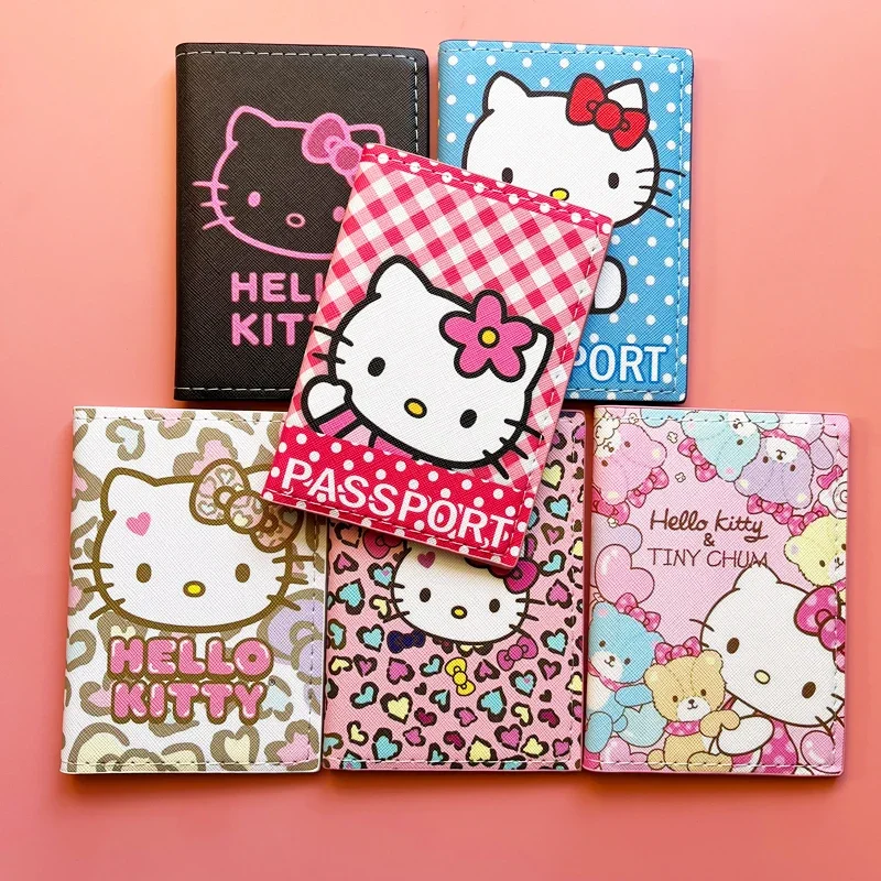 Lovely Hello Kitty Passport Cover Credit Card Holder Women Sanrio PU Leather Business Card Bag Ladies Passport Holder Gift