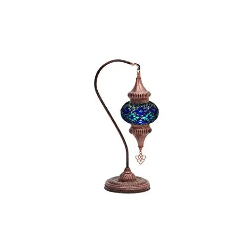 LaModaHome English Moroccan Handmade Mosaic Glass Swan Neck Table Lamp Light with Decorative Polished Copper Fixture for Bedroom