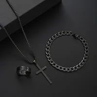 3pcs/Set Punk Cross Pendant Necklace Bracelet Chain Ring Jewelry Sets for Men Stainless Steel Hip Hop Party Jewelry Accessories