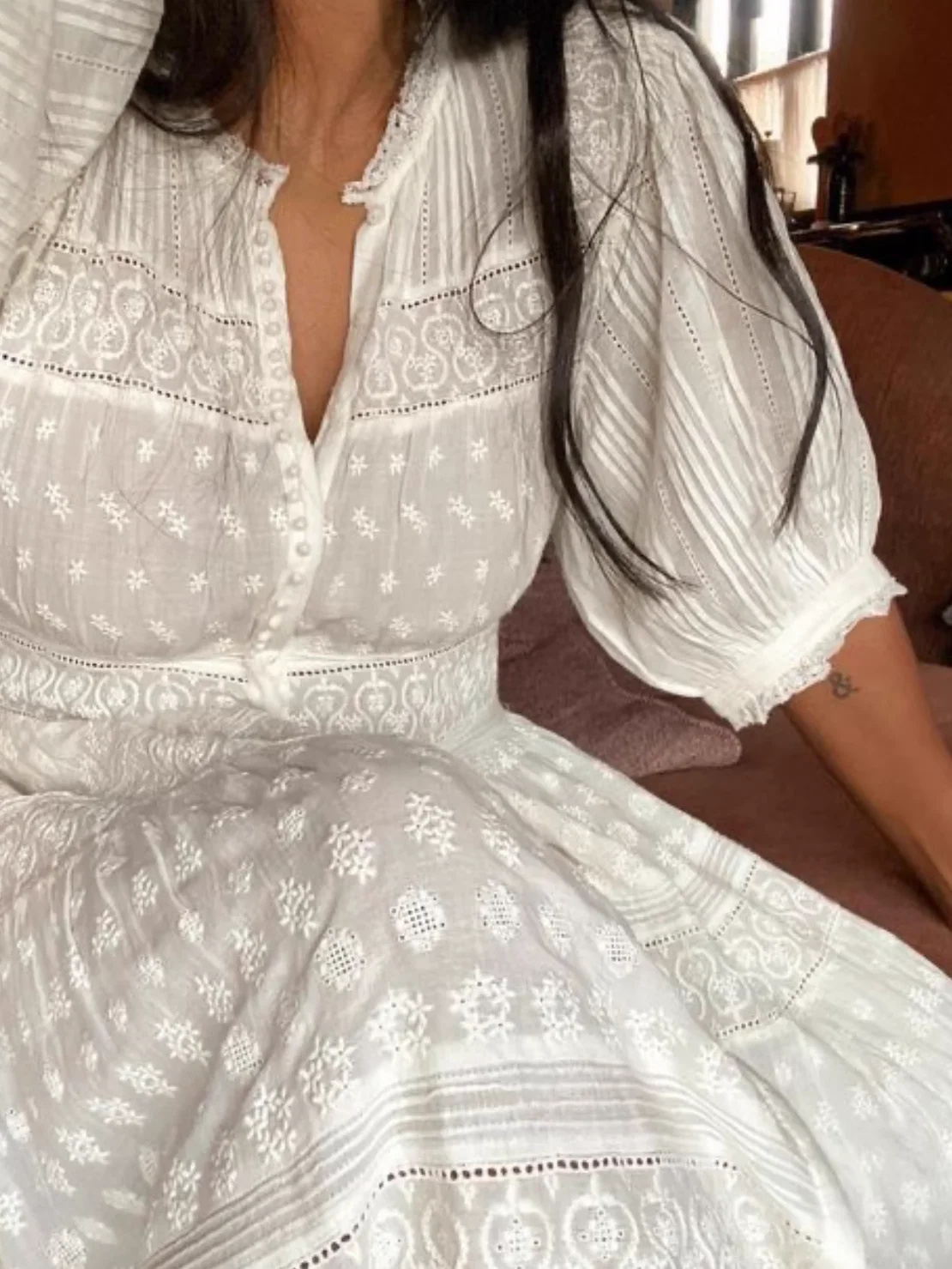 

Женское длинное платье с тяжелой вышивкой, повседневный женский хлопковый халат с круглым вырезом и пышными рукавами