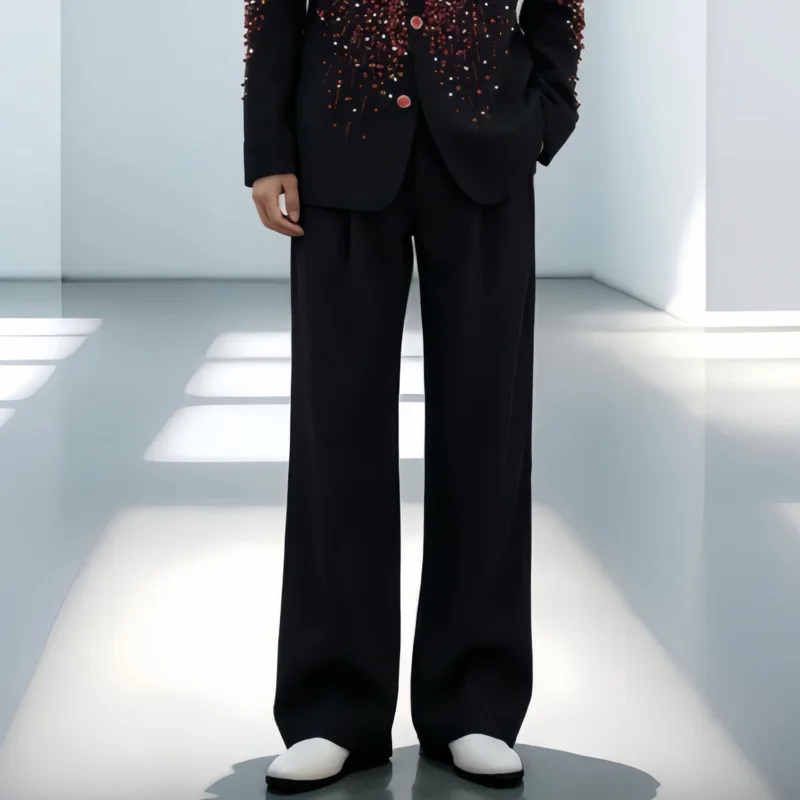 HKSH Spring Autumn New Men Tide Chic Ins Light Luxury Beaded Padded Shoulders Trendy High Street Performance Suit-Pants HK28055