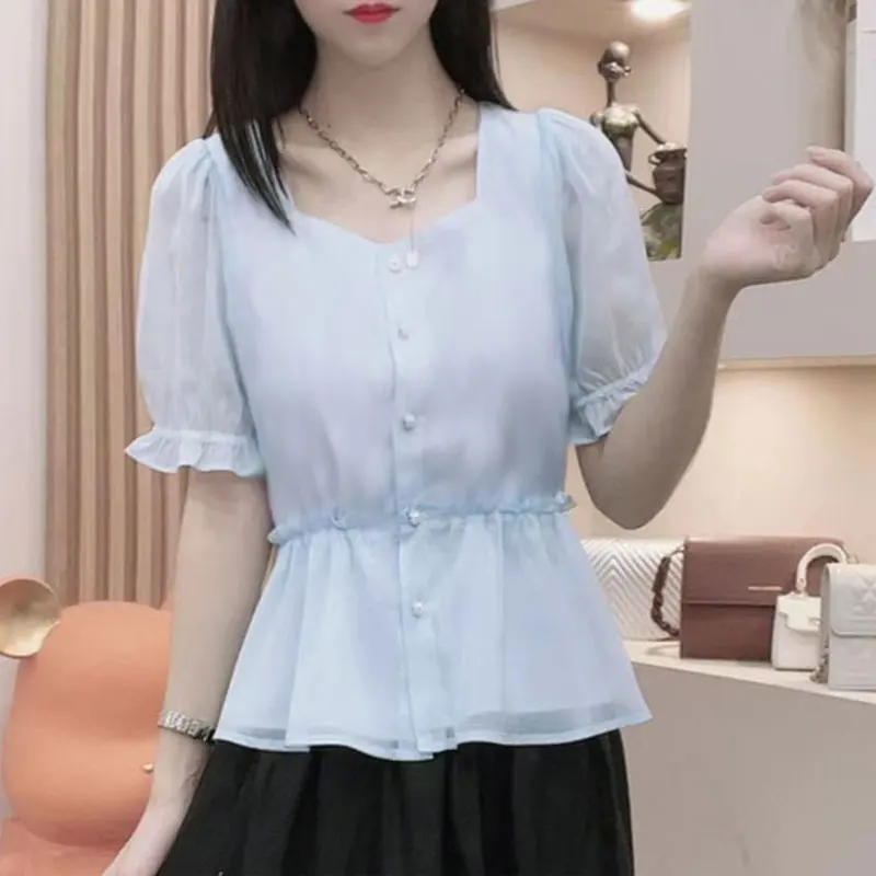 Casual Square Collar Blouse Chic Pearl Single-breasted Sweet Female Clothing Solid Color All-match Summer Spliced Chiffon Shirt