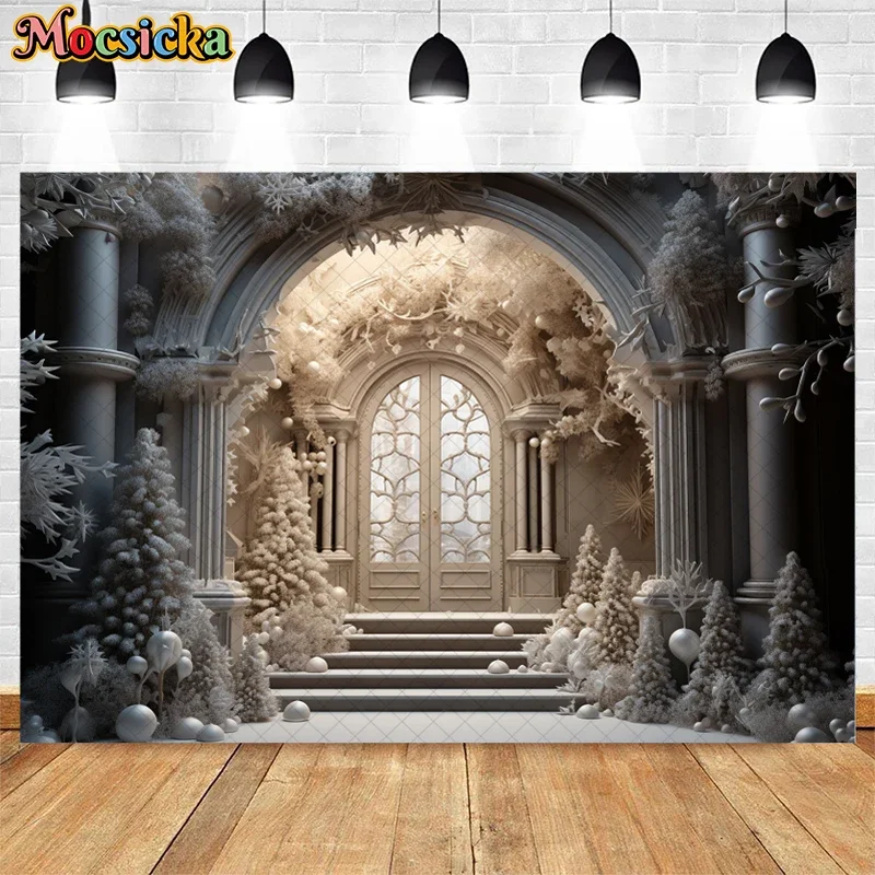 Fondo de puerta de castillo de Navidad para niños y adultos, decoración de copo de nieve, árbol de Navidad blanco, cartel de fondo de foto de retrato