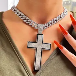 Punk Luxury Rhinestone Big Cross Pendant Cuban Necklace For Women Hip Hop Iced Out Cuban Link Chain Necklace Rapper Men Jewelry