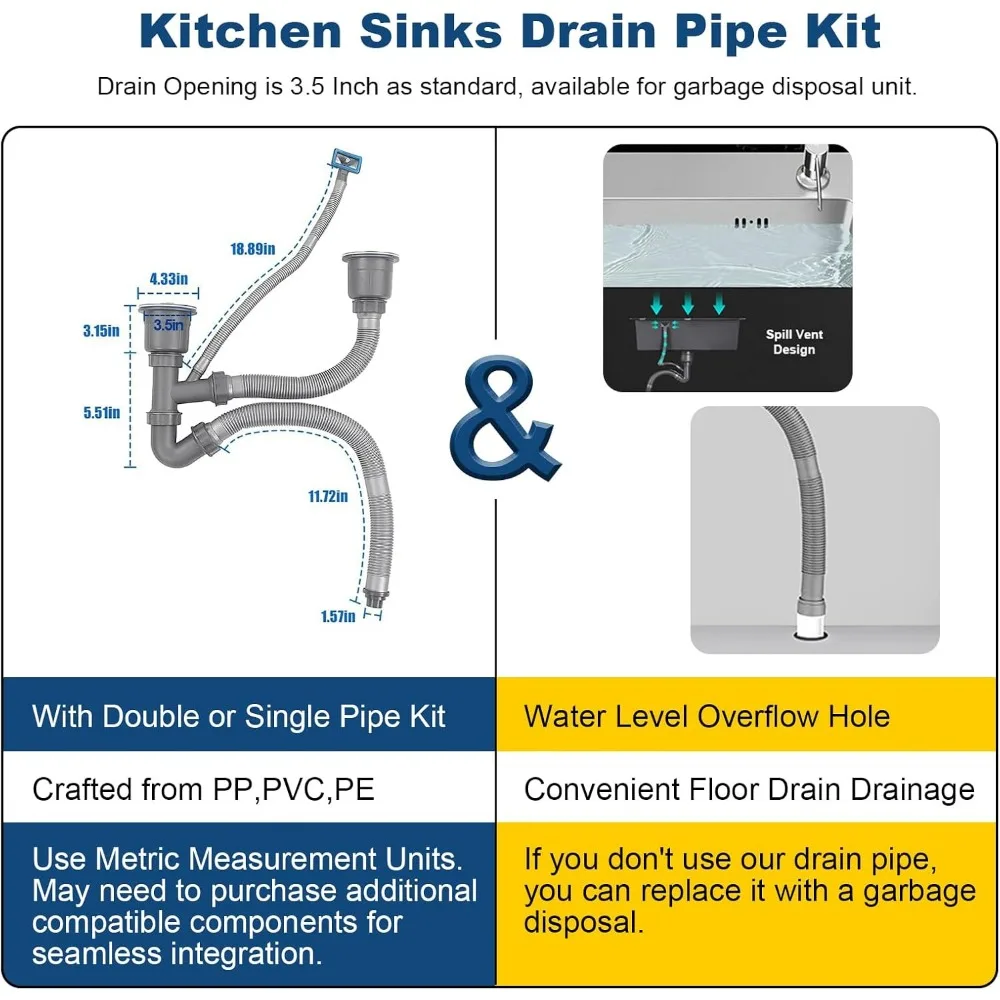 حوض مطبخ مزدوج من الفولاذ المقاوم للصدأ، 30.7 × 16.9 بوصة، مطلي بالنانو، قابل للسقوط والتركيب العلوي، مع أنابيب الصرف