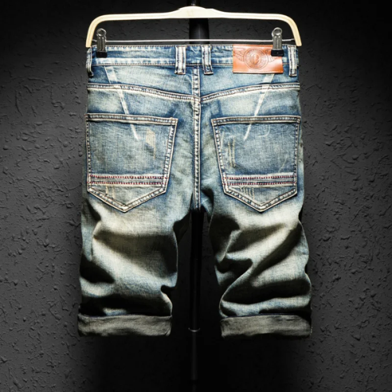 

Summer Ultra-Thin Denim Five-Point Shorts Men Slim Fit Stretch Retro Wrinkled Japanese Style Shorts Distressed Trendy Versatile