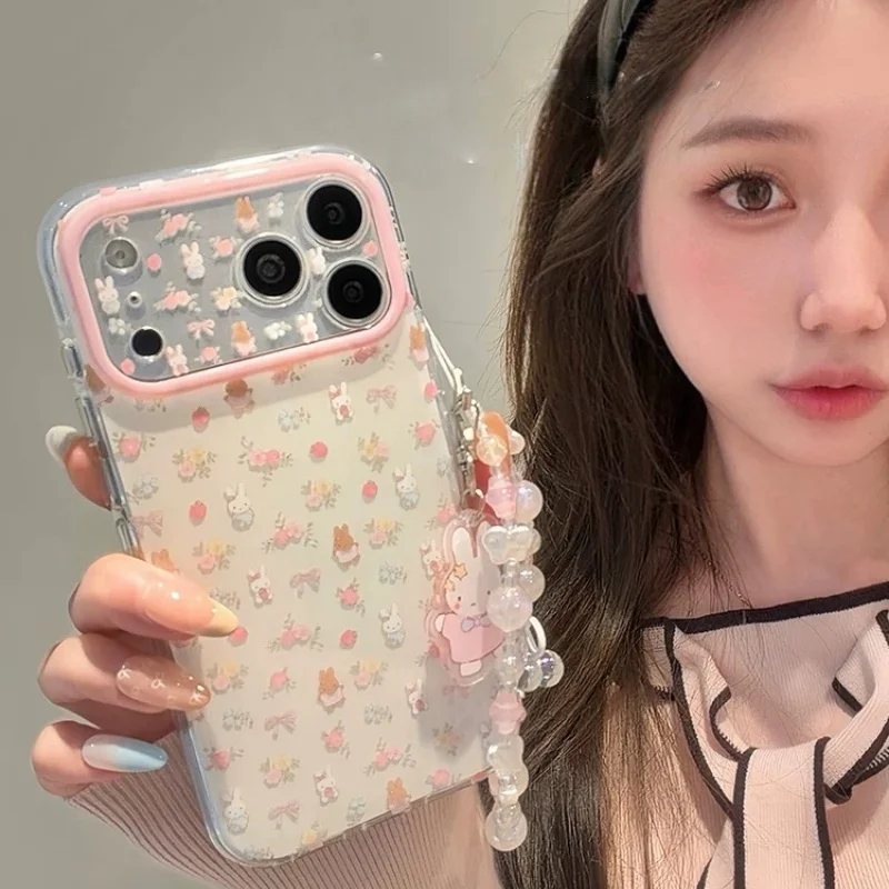 

INS Cute Pink flower cartoon strawberry Miffy Phone Case For iPhone 13 14 15 16 17 Pro Max Lovely Miffy shockproof Cover﻿﻿
