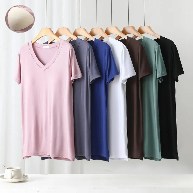 Modal V-Neck Tshirt Dress Mid-Length summer bra padded sleepdress short sleeves homewear dresses over the knee streetwear