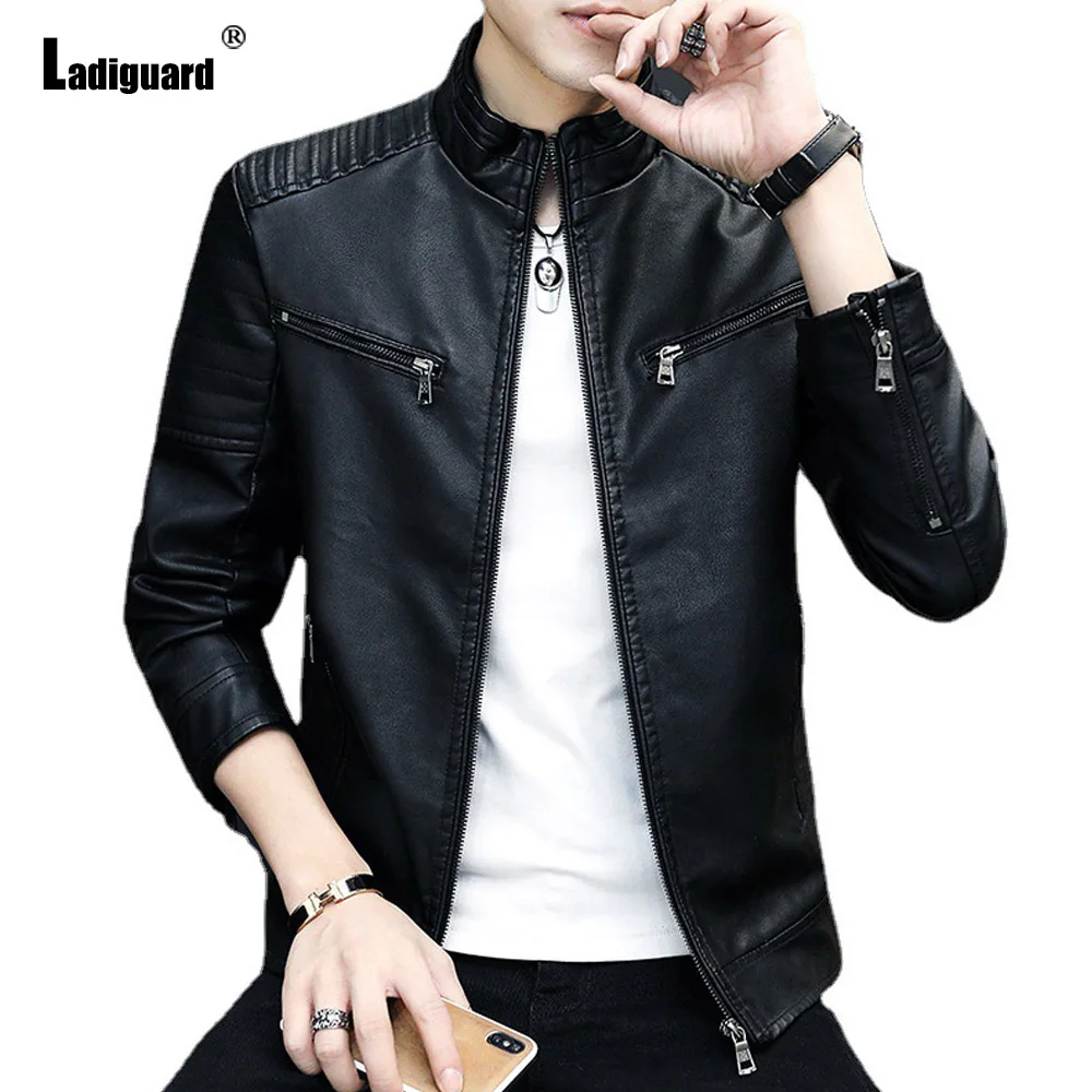 Ladiguard Plus Size Men's Pu Leather Coats Mandarin Collar Zipper Ruched Tops Outerwear 2024 Kpop Fashion Suede Leather Jackets