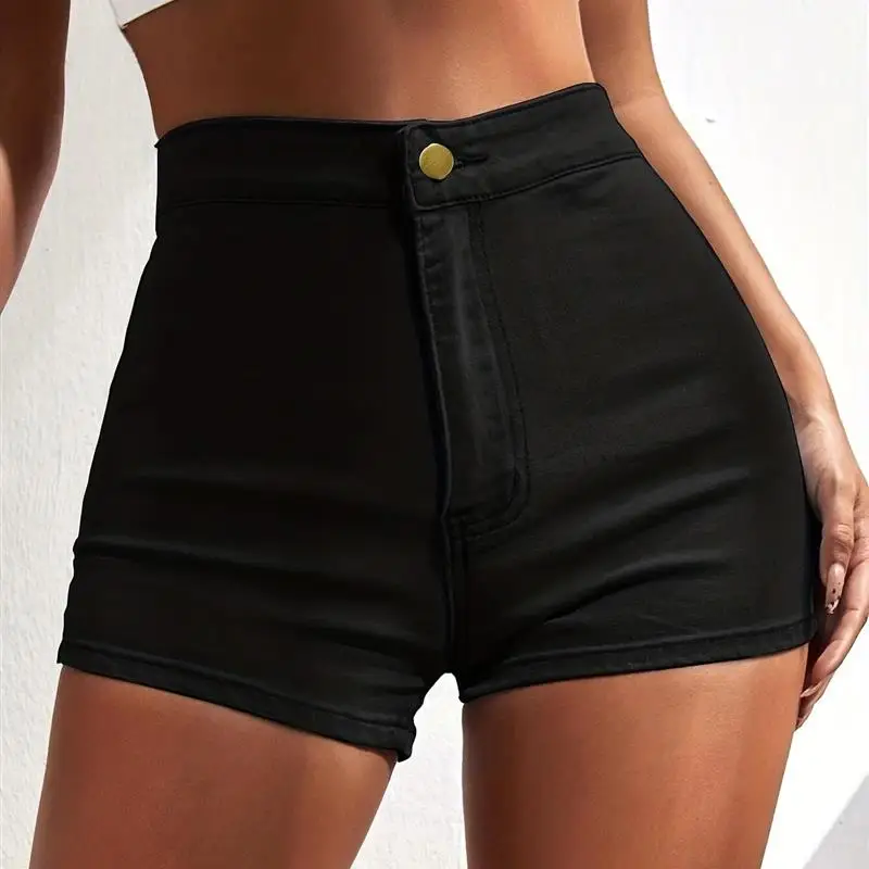 High Waist Elastic Pure Color Denim Shorts Women's Summer Fashion PD0002 Cross-Border Eabywish Long Pants Black