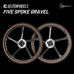 ELITEWHEELS Gravel 5 Carbon Spoke Wheels Road Disc Tubeless Inner Width 22mm Ratchet System Center Lock Hub Trail Cross Country