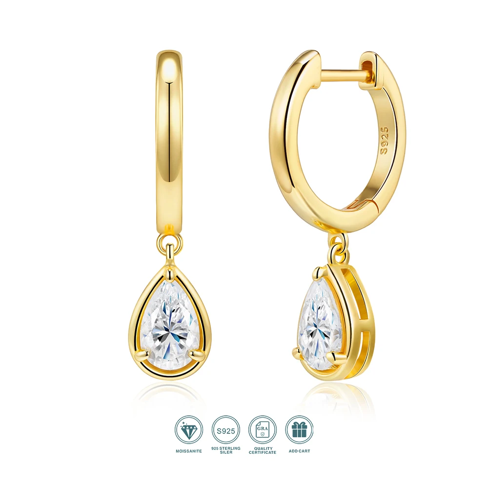 

1 Pair Moissanite Drop Earrings 925 Silver 18K Gold Plated Teardrop Cut Jewelry for Women Gift Comes with GRA Certificate