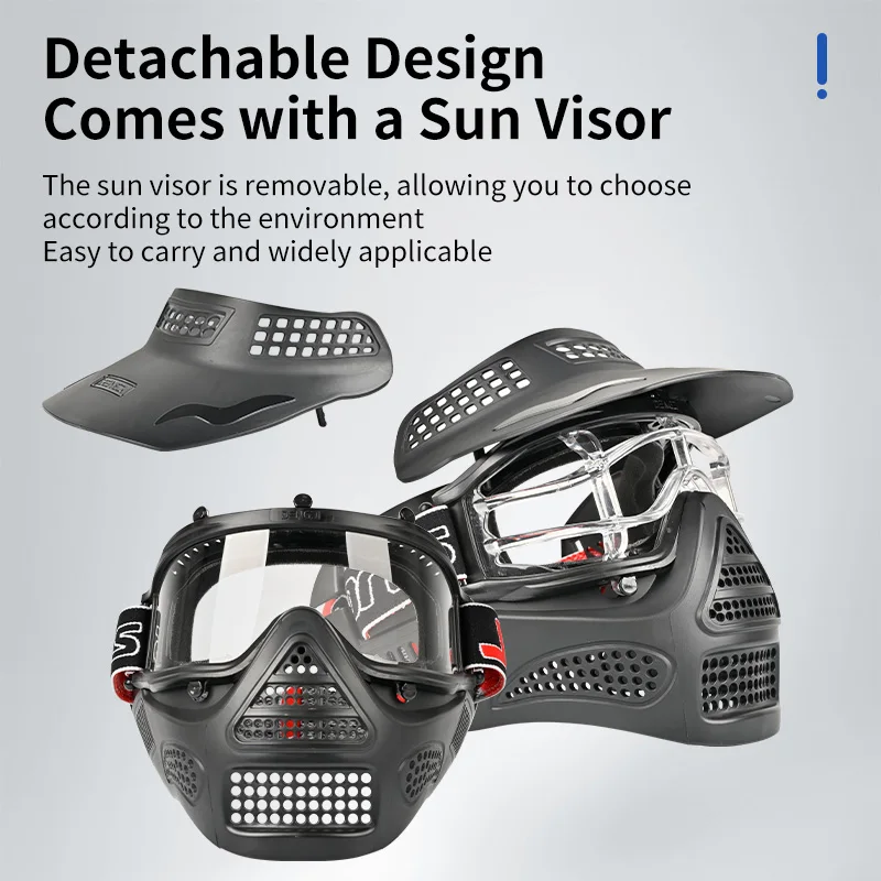 Airsoft Full Face Mask Impact Resistant Breathable CS Paintball Mask with Detachable Sun Visor for Tactical Battle Games
