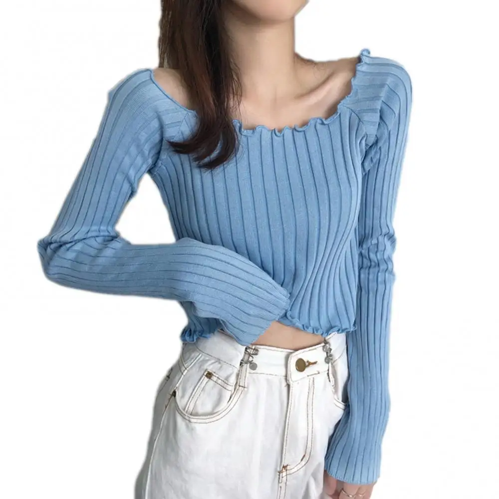 Long Sleeve Women Blouse Solid Color Slim Autumn Ribbed Short Wavy Hem Knitwear