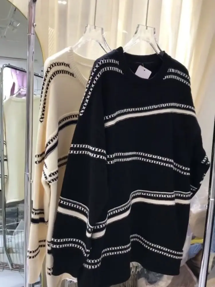 

Loose Fit Long Sve Striped Knitwear Men's Autumn Winter Large Size 35kg Casual Sle Mid-Length Comfortable Sweater