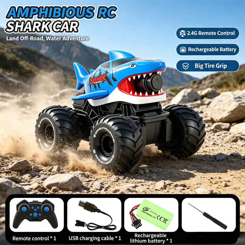 Amphibious Remote Control Shark Toy Car 2.4G Wireless Waterproof RC Off Road Vehicle Land Water Driving Toy Perfect Birthday