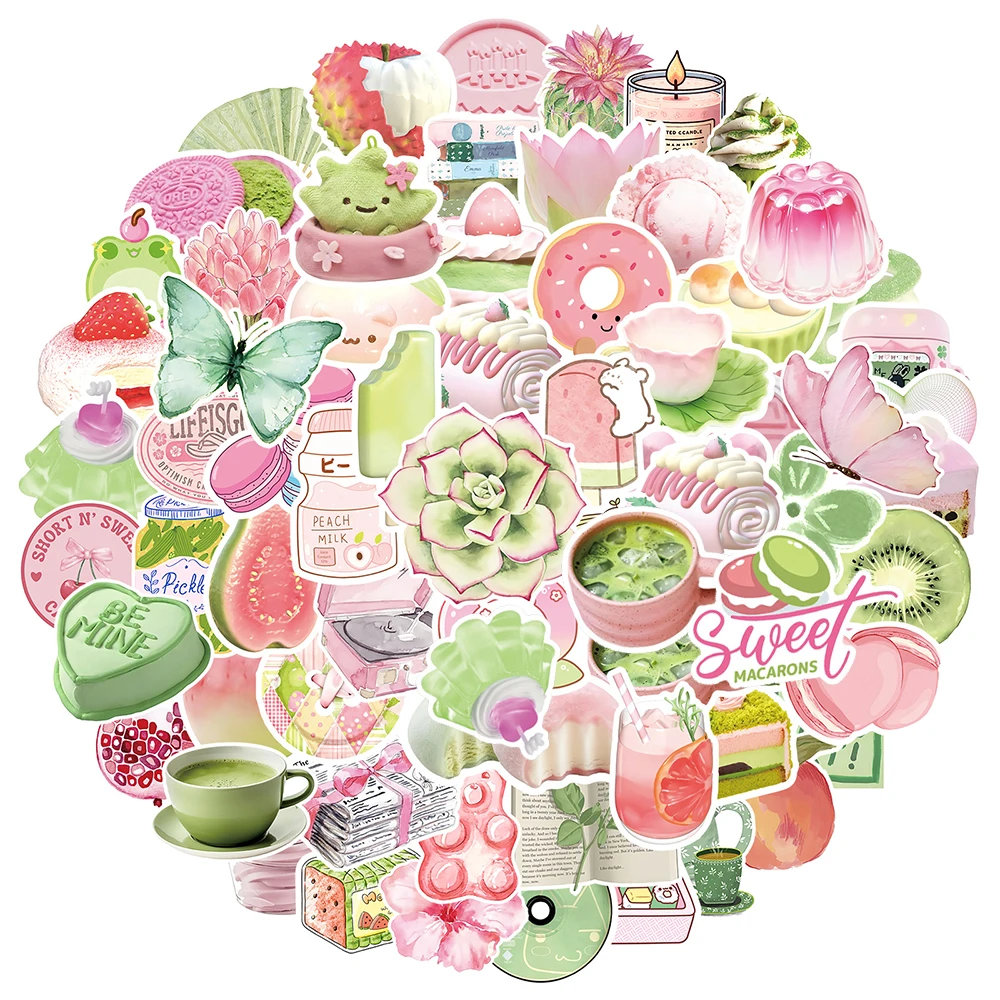 

10/30/50/100pcs Ins Style Pink Green Aesthetic Sticker Cartoon Macaron Cake Dessert Decals for Fridge Water Bottle Phone Laptop