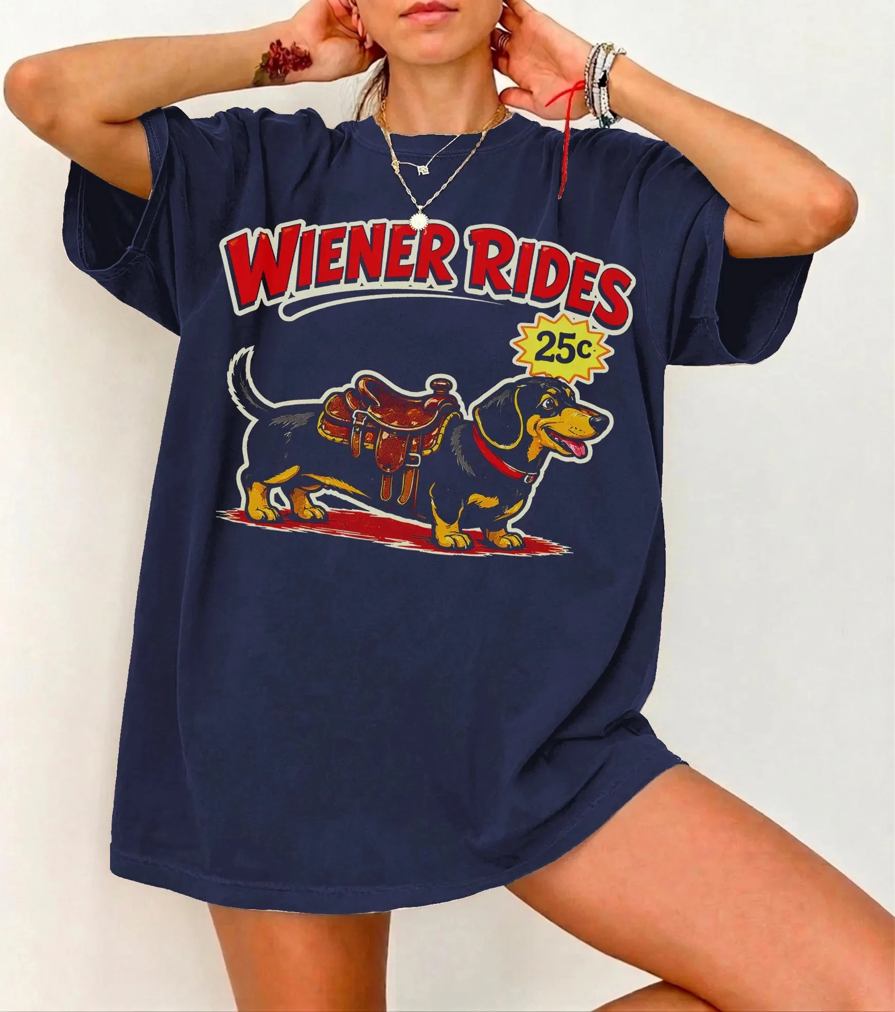 Wiener Rides Dachshund Graphic Tee Retro Hot Dog Carnival Design Summer Men's and Women's Loose and Breathable T-shirt Top