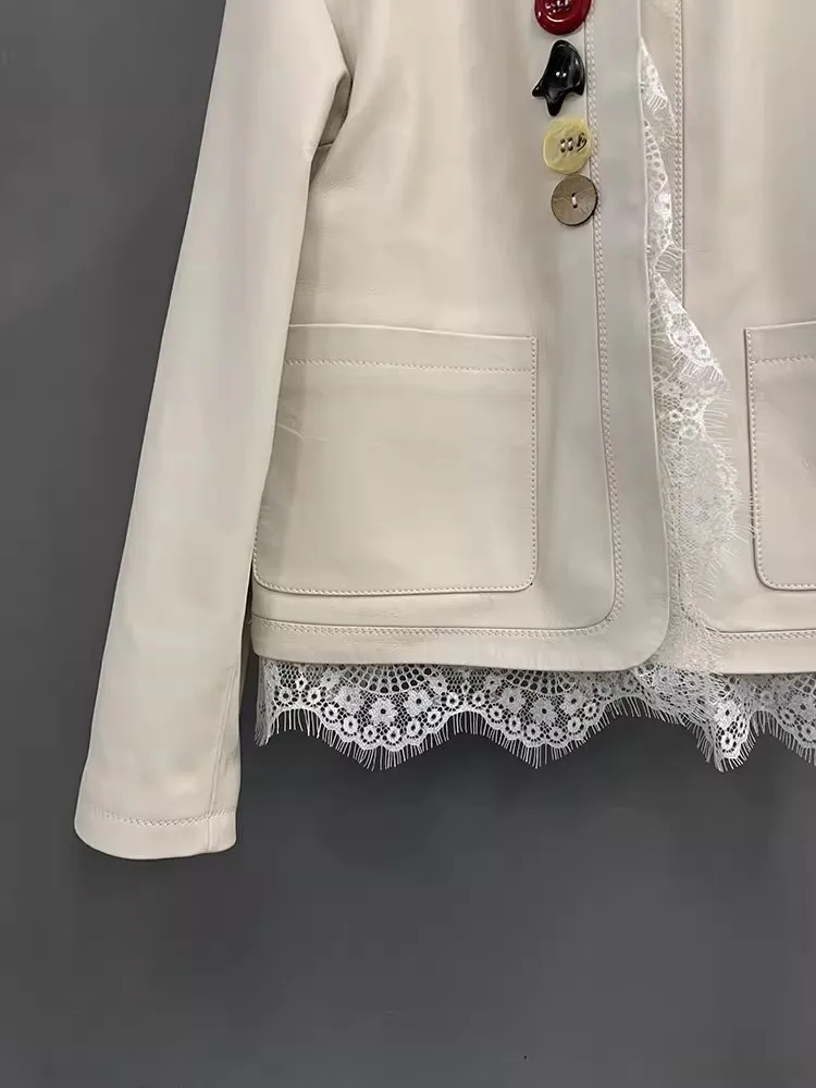 Herbst Frauen Echtes Leder Jacke Mode Taste Spitze Verstärktes Büro Damen Oberbekleidung Casual Langarm O Hals Kurzen Mantel