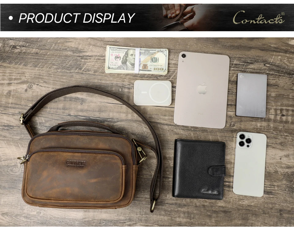 CONTACT'S Sling-Umhängetaschen aus echtem Leder für Herren, Vintage-Umhängetasche, Umhängetasche für Herren, Reisetasche für 8,3 Zoll iPad Mini – Detail 11