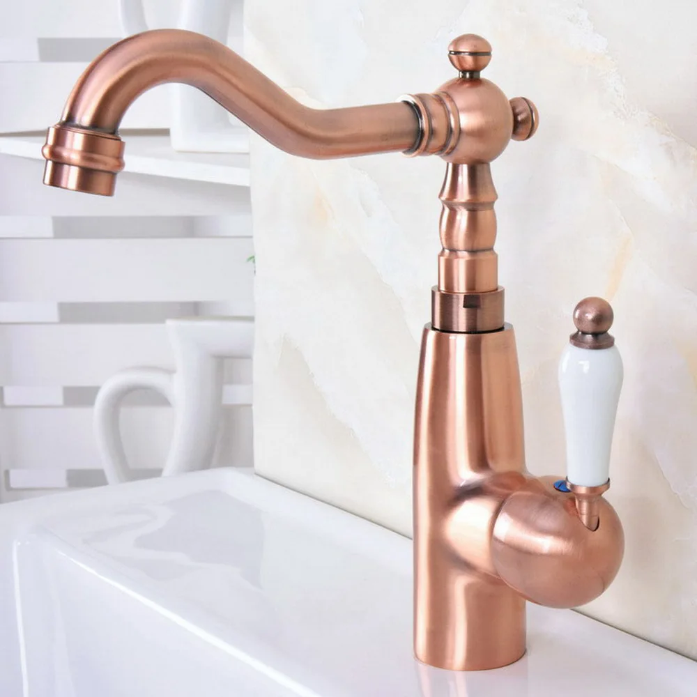 

Basin Faucets Red Copper Bathroom Sink Mixer Deck Mount Single Handle Single Hole Bathroom Faucet Brass Hot and Cold Tap