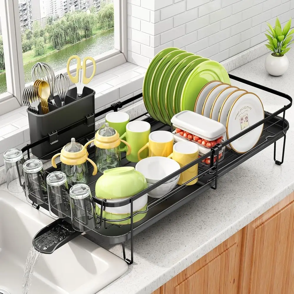 

Expandable Dish Rack for Kitchen Counter, Metal Dish Drainer with Utensil & Cup Holder 13.8-22.6 L x 12.1 W (Black)