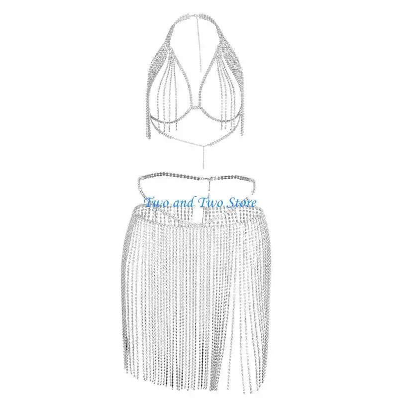 

HX6F Fashionable Chest Chain Diamond Body Chain Set Women Girls Bra Underwear Chain Jewelry for Summer Beach Getaways