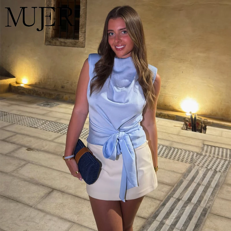MUJER 2026 Satin Sleeveless Tops for Women Bow Pleated Crop Top Woman Summer Tank Top Female Shoulder Pads Beach Women's Tops