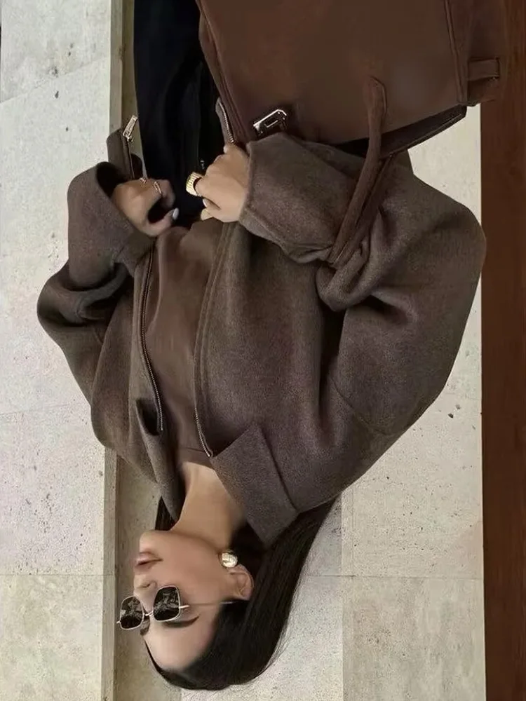 

HH женское элегантное короткое пальто с карманами на молнии и длинными рукавами, женская модная шерстяная куртка с отложным воротником в уличном стиле