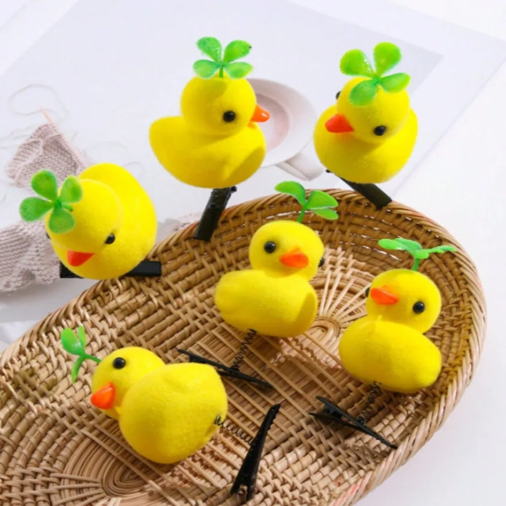 6pcs Funny 3D Little Yellow Duck Spring Hair Clip Cartoon Four Leaf Clover Duckbill Clip Bean Sprout Kawaii Headdress Party Gift