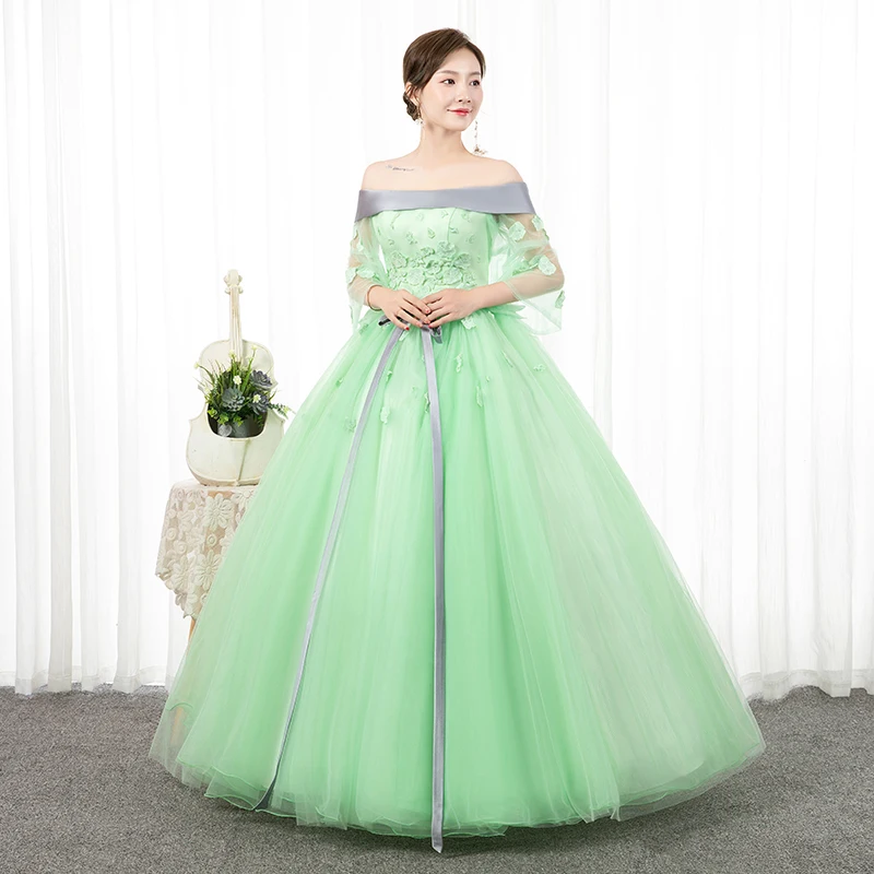 

Green Vestido De Quincenera Elegant Off The Shoulder Floor-length Puffy Prom Dresses Classic Lace Applique Tulle Ball Gown Dress