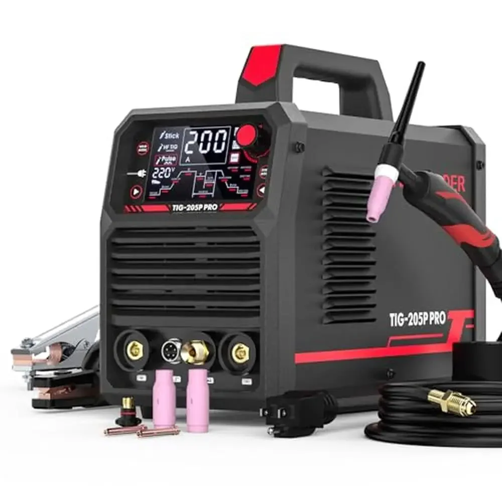 205Amp TIG Welder with Pulse Function Large LED Display STICK/DC TIG/PULSE TIG 3-in-1 Stainless Steel ER308L Rod 1/8