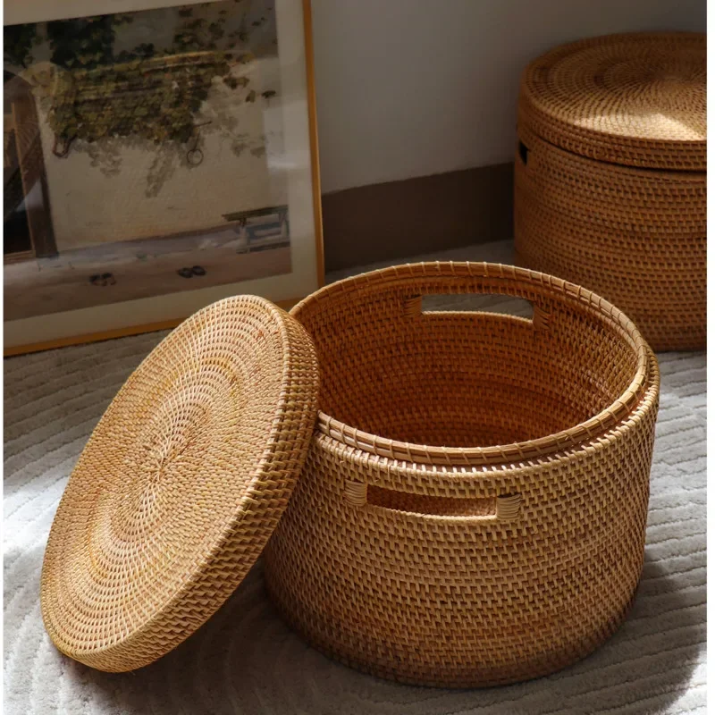 Nordic Vintage Sundries Case, Handmade Rattan Woven Storage Baskets, Dust with Cover, Organizer Box, Versatile Scene Toy Storage