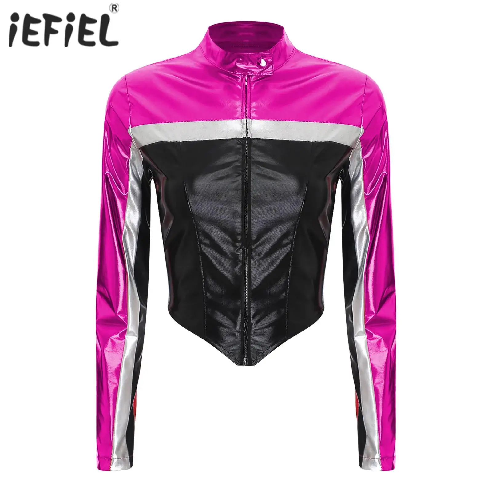 

Womens Shiny Jackets Metallic Contrast Outerwear Driving Racing Cosplay Costume Long Sleeve Stand Collar Front Zip Cropped Coat