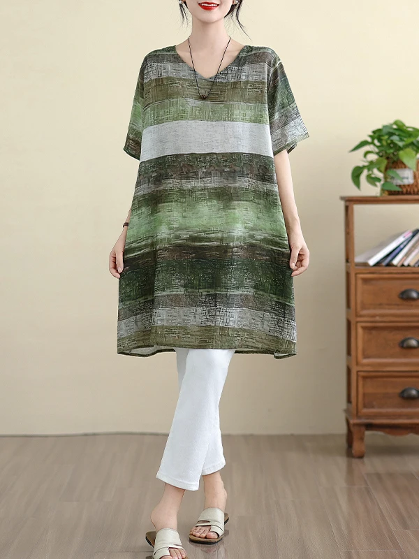 Rétro rayé coton Lin femmes Dr ort Sve Midi ample Materni été nouveau Sle v-ne coupe droite t-shirt haut