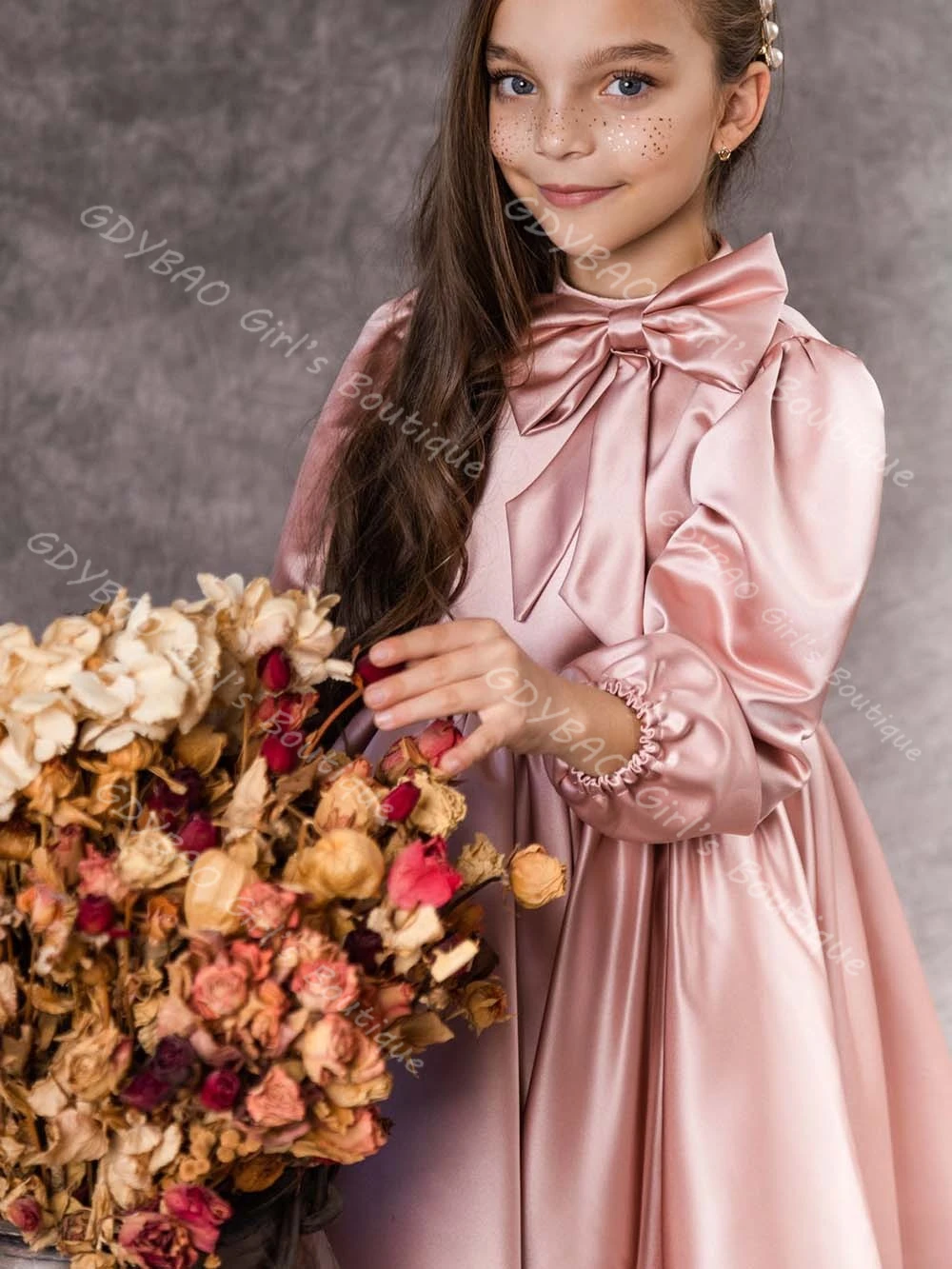 فستان فتاة الزهور من الساتان الوردي للأطفال برقبة دائرية وأكمام طويلة بطول الركبة فستان الأميرة مع فيونكة مخصص لحفلات الزفاف #5