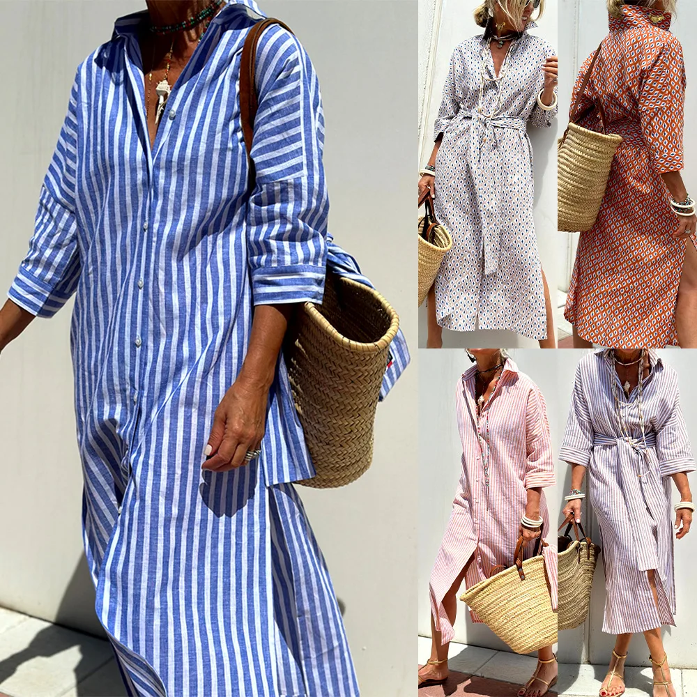 

2025 Women's New Striped Cardigan Lapel Shirt Dress Europe and America