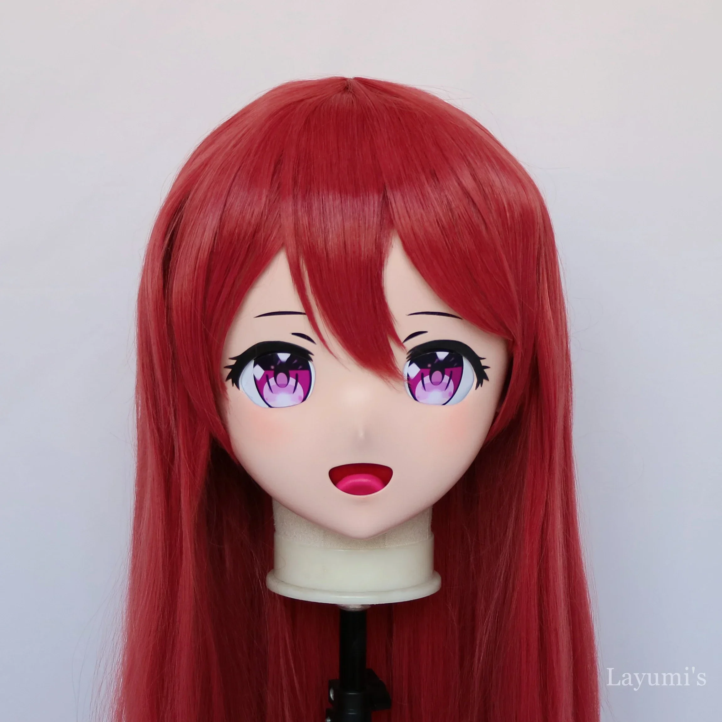 (B38) Handmade Custom Full Head Mask with Backshell Crossdressing Silicone Anime Kigurumi Mask Cosplay with Red Hair Wig