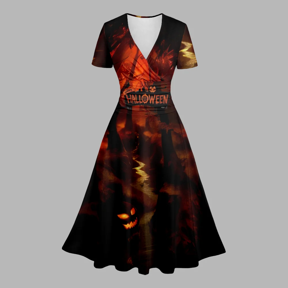 Summer Dress Halloween Pumpkin Dress Women Stylish Party Fashion V Neck A-Line Dresses Resort Dresses Girl Vestido Carnival Robe