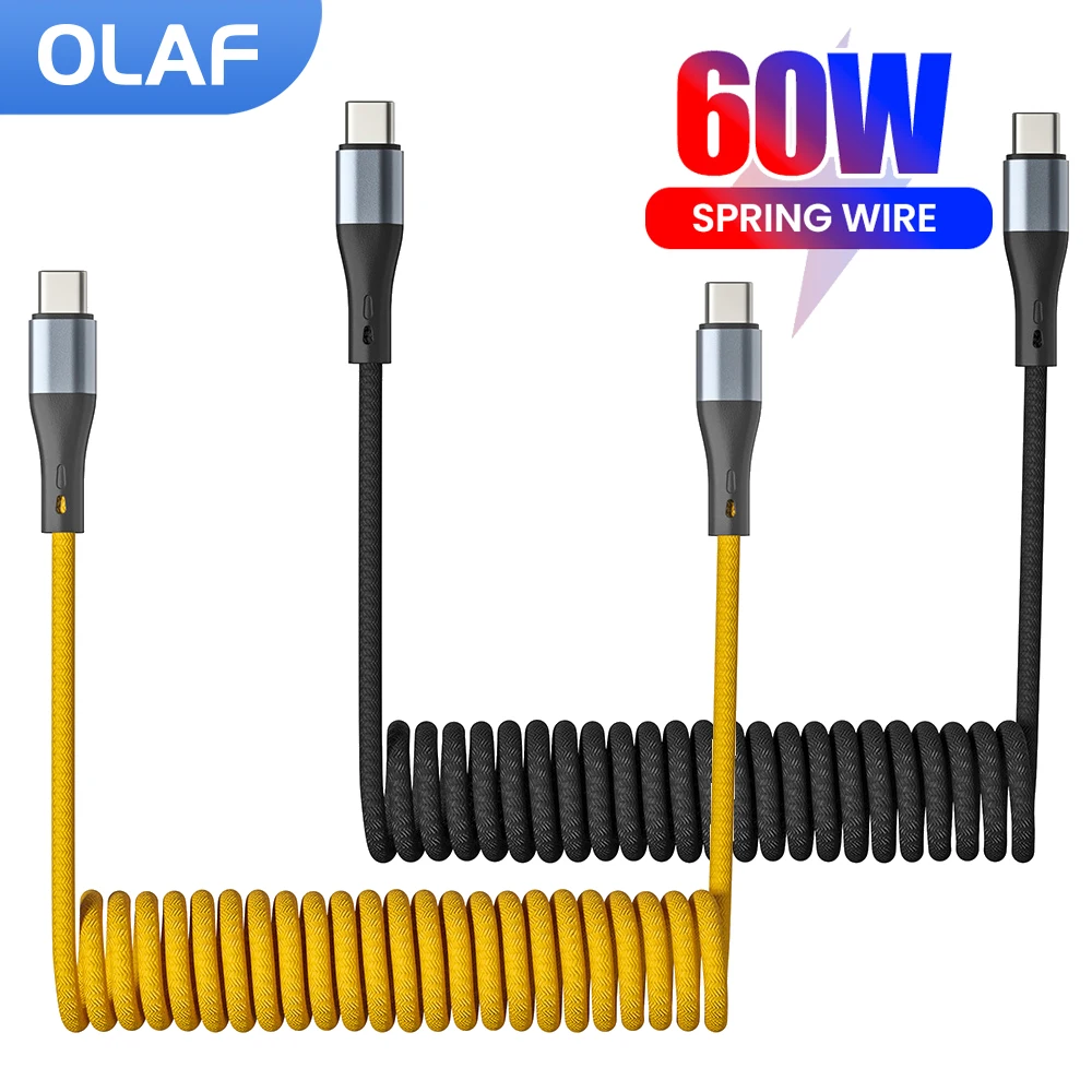 60W Spring Dual Type C Cable Retractable Type C To Type C Fast Charging Cable for Samsung Huawei Xiaomi Quick Charge Data Cable