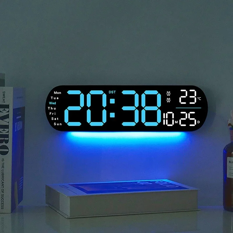 Large Digital Wall Clock with Atmosphere Light Multifunctional Temperature Date Electronic Clock Display with Remote Control